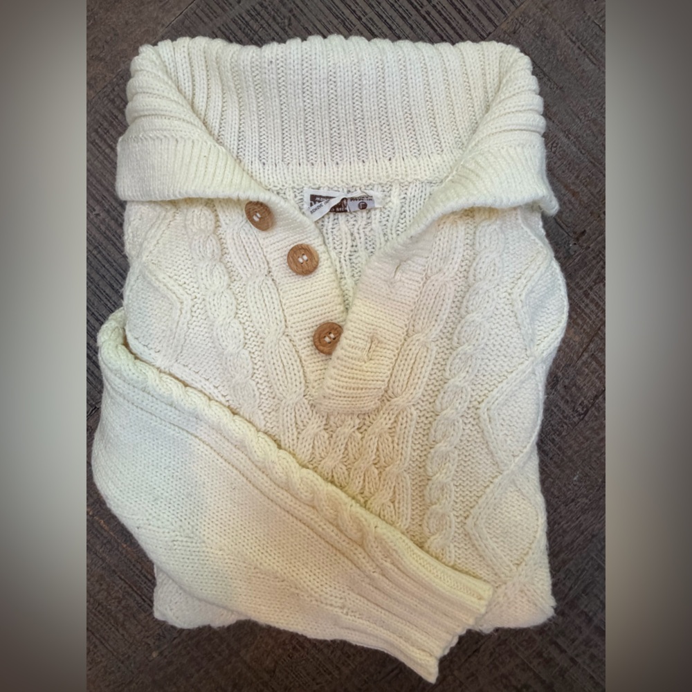 Vintage 70's Cream Cable Knit shawl collar Sweater